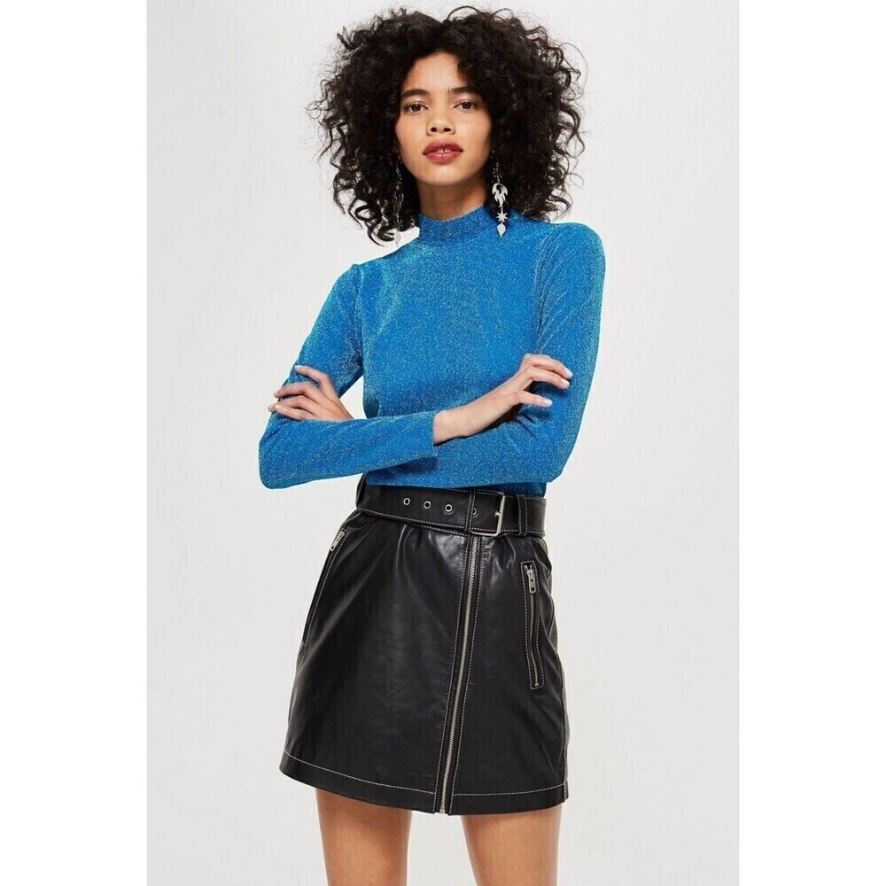 NWT TOPSHOP BLUE METALLIC GLITTER FUNNEL NECK TOP Women’s US 12 LONG SLEEVE